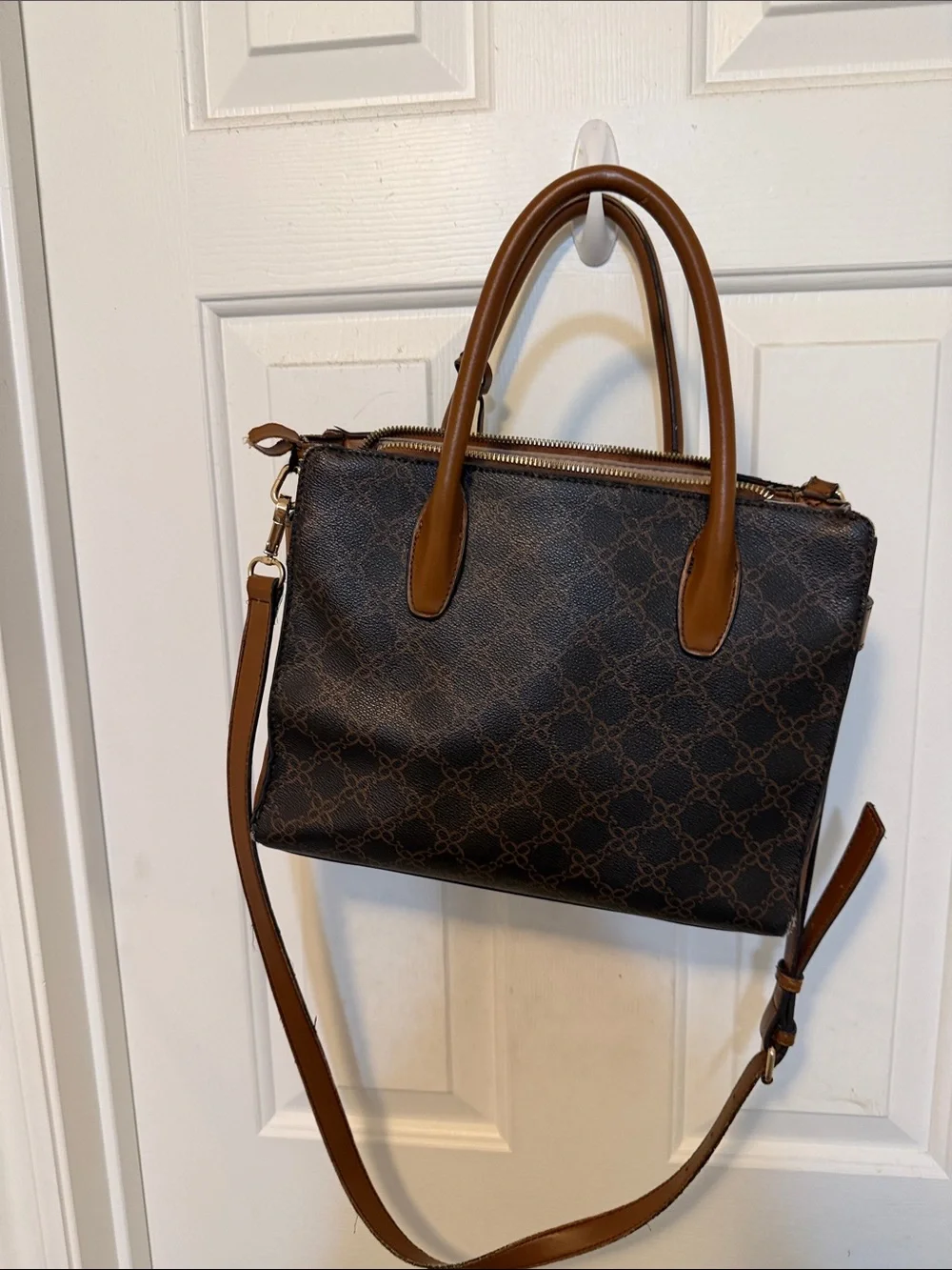 Nine West Brown Monogram Satchel with Tan Trim